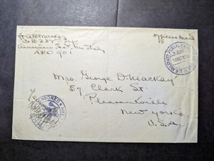 1918 US Army AEF Italy Officers Mail Cover APO 822 to Pleasantville NY USA