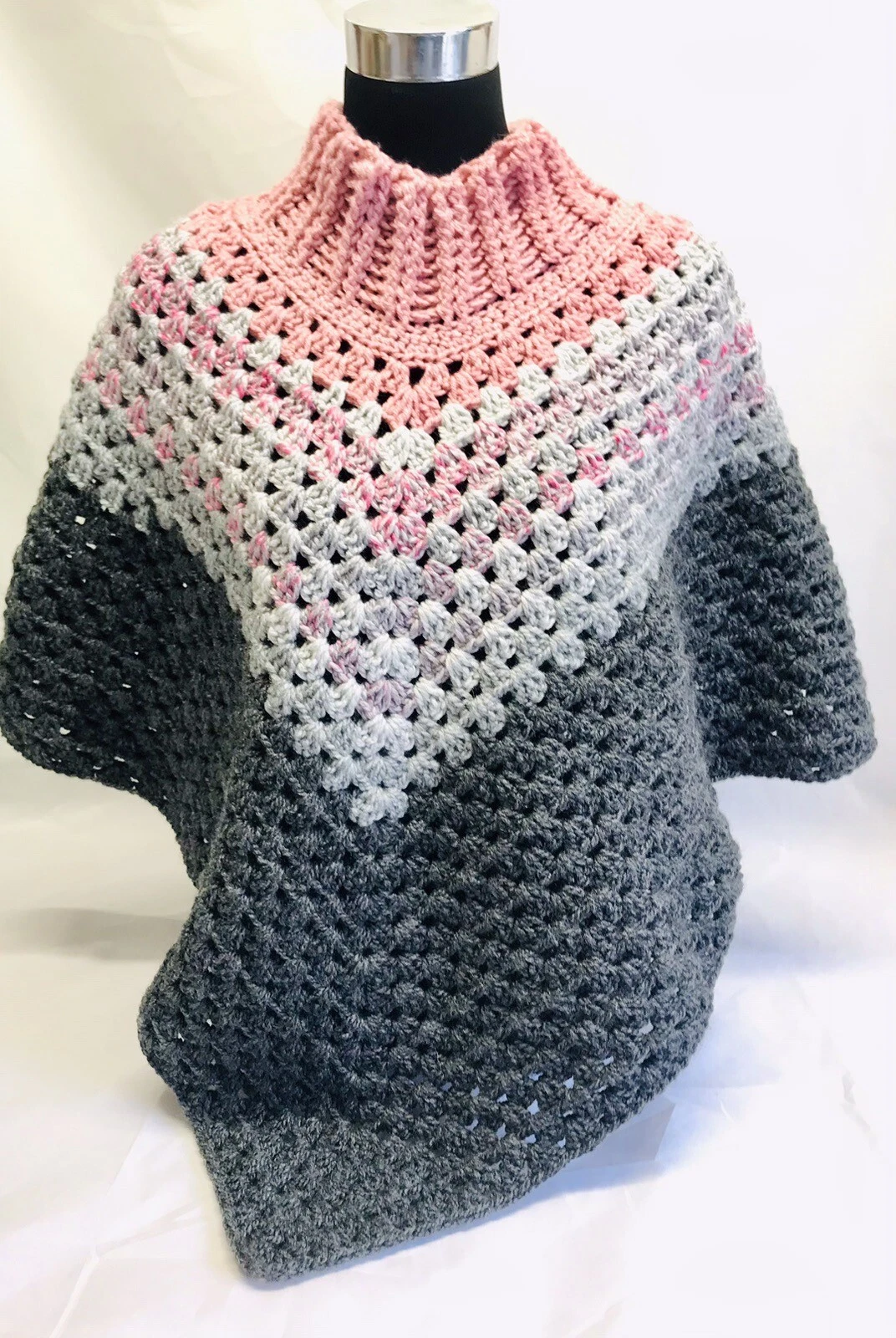 poncho women crochet pink grey Chunky One Size Granny Stitch Polo Neck Ribbed