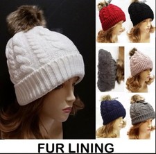 Braided Woven Design Faux Fur Lining Warm Winter Beanie Ski Hat Pom Pom NEW