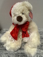 Gund Schatzi Christmas White Teddy Bear With Red Santa Hat  Scarf Shaggy Plush