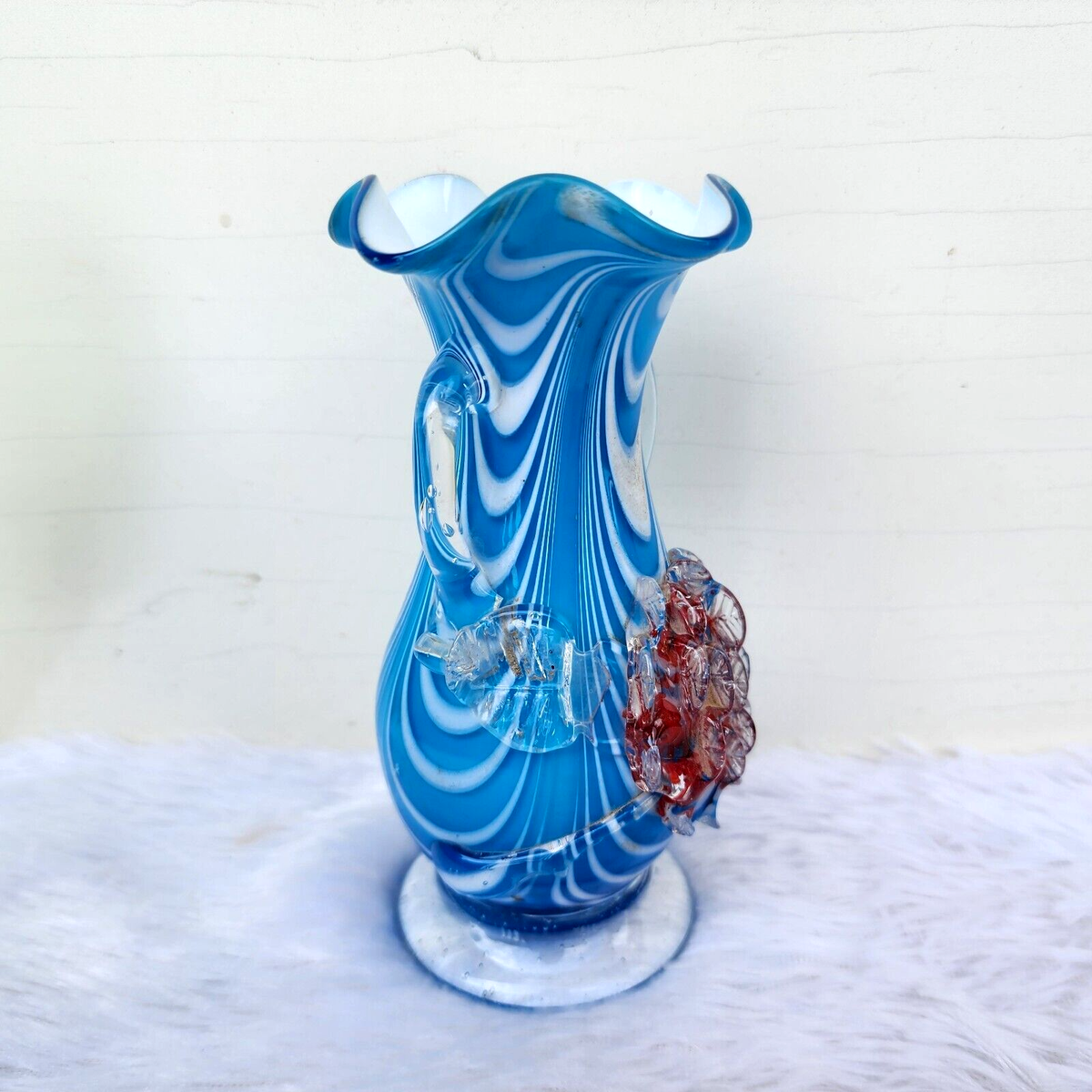 made in italy 花瓶 Vintage Swirl Design Floral Blue White Glass Pontil Mark Flower