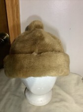 VTG 1960s Beige Fur Mod Hat Stylish Winter Lined Pom Pom Hat