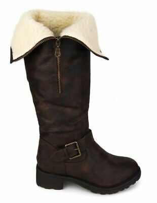LADIES WOMENS KNEE HIGH FUR LINED FAUX LEATHER FLAT LOW HEEL BIKER RIDING BOOTS 
