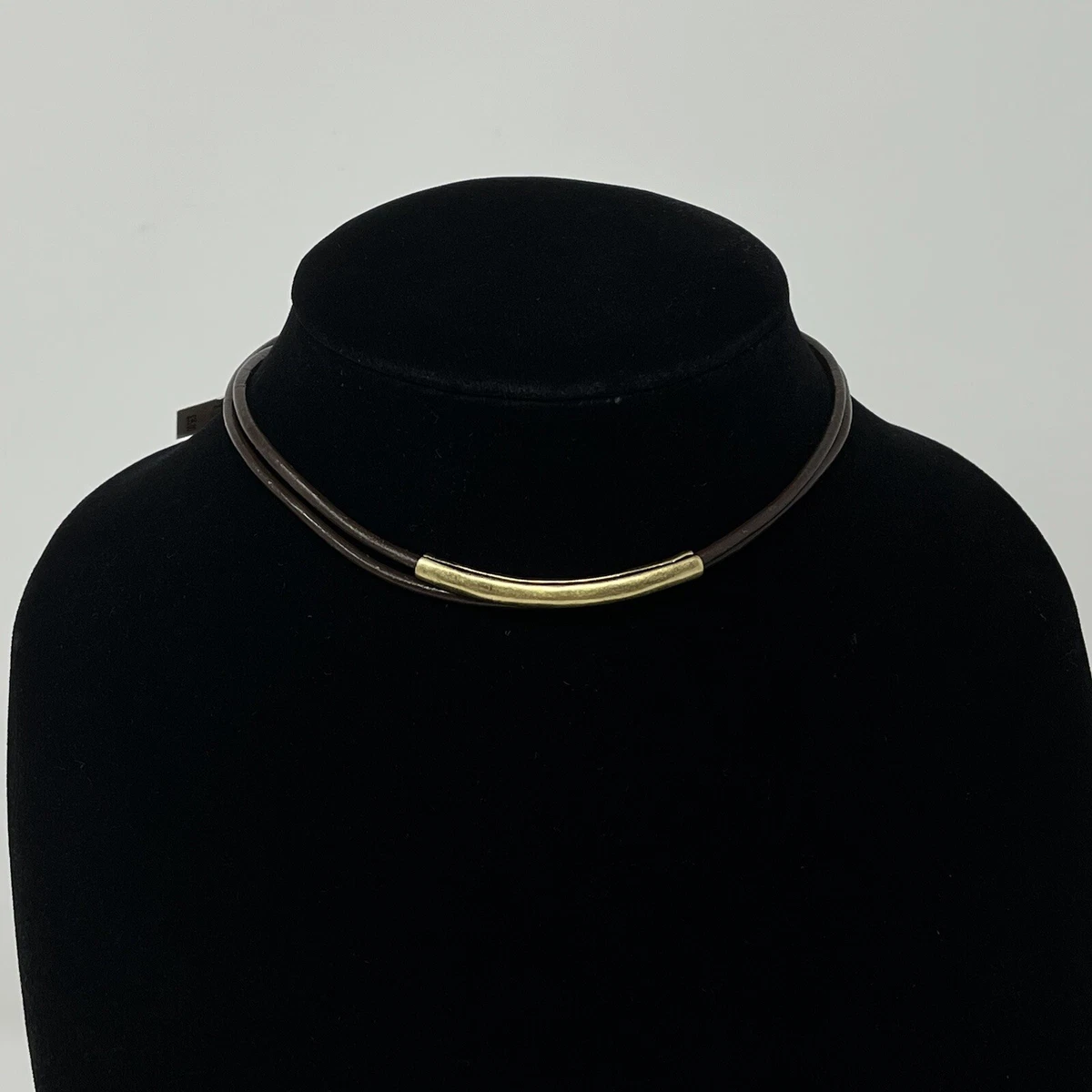 NWT Lucky Brand Brown 2 Leather Strand Brass Tube Necklace Choker Necklace