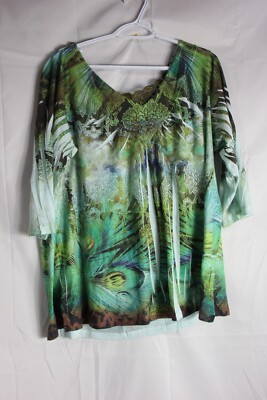 World unity geometric embellished notch neck half sleeve stretch top 2x