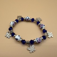 Blue Floral Porcelain Bead Stretch Bracelet Butterfly Charm Boho Statement Gift