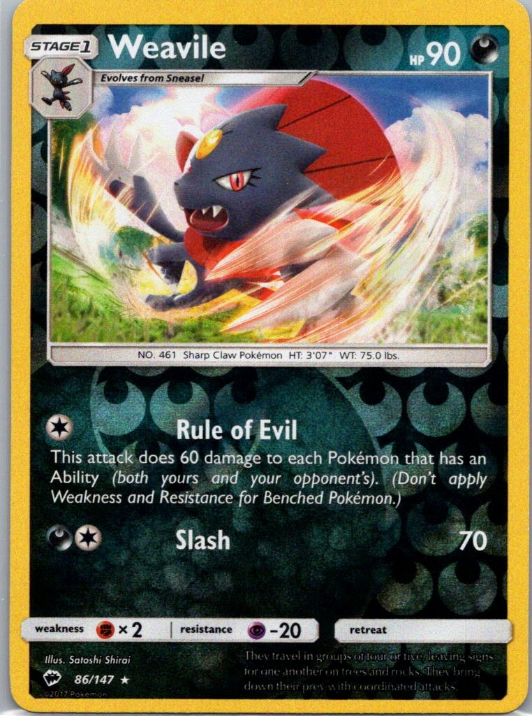 Pokemon TCG Weavile 86/147 Burning Shadows Rev Holo NM