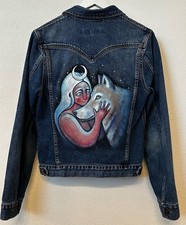 Vintage Y2K Earl Jean Hand Painted Denim Jacket Moon Wolf Made USA L