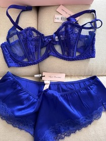 AGENT PROVOCATEUR NWT COBALT BLUE ROZLYN SET LACE BRA & SILK BRIEF RRP AU$600