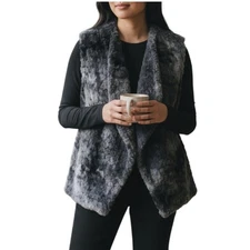 VINE STREET Ombre Faux Fur Vest Sz L Gray Open Front Cozy Everyday City Made USA