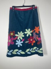Boden Corduroy appliqu  Teal Green Floral A-Line Knee length Skirt 10R Whimsy