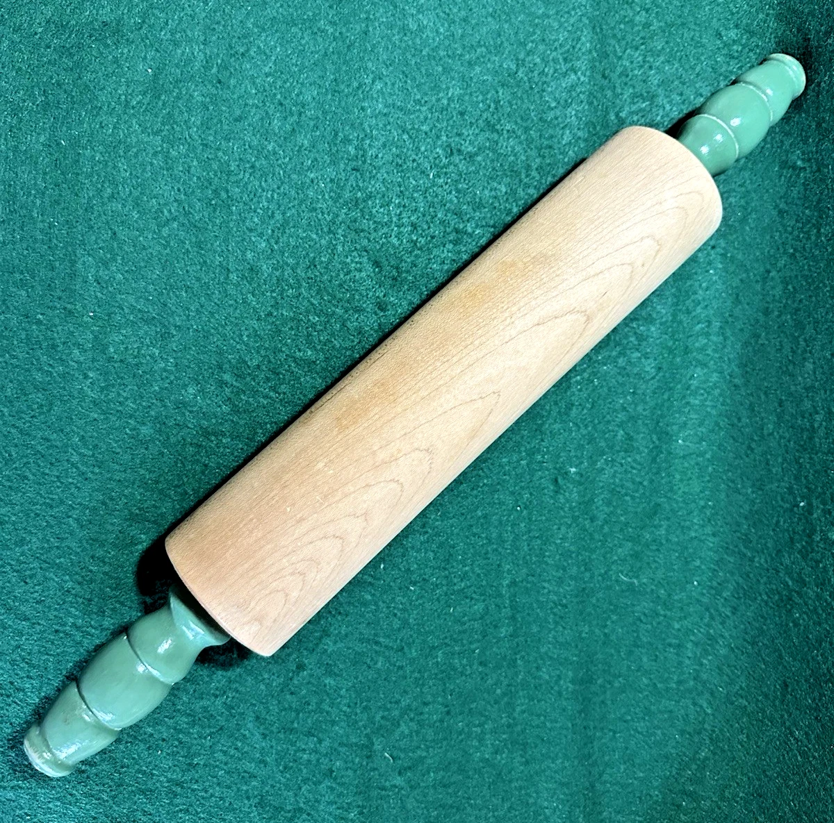 Vintage 17" Wooden Rolling Pin With Green Handles - 1940's Farm Ranch Kitchen