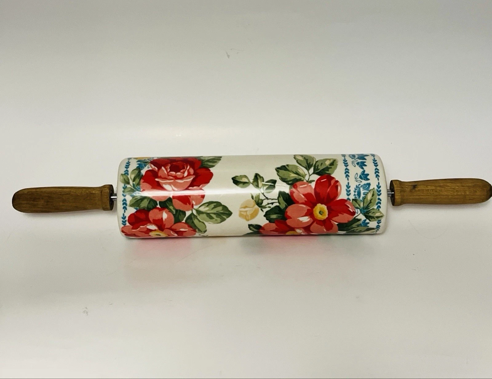 PIONEER WOMAN Vintage Floral Ceramic Rolling Pin w/ Wood Handles