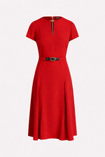Ralph Lauren Georgette Midi Dress 12 Red Fit Flare Silky Belted Bold Career