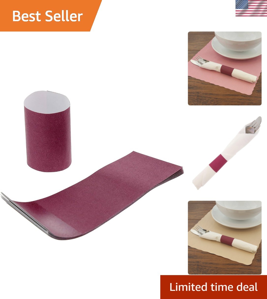 Royal Burgundy Napkin Bands with Self-Sealing Glue and Bond Paper Constructio...