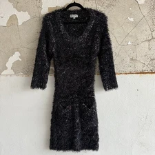 Vtg Eyelash Sweater Dress Fuzzy Boucle Knit Long Sleeve Scoop Neck Women M Indie