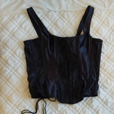 Empire Vintage Black Satin Corset Top 38 Lace Up Goth Whimsigoth Coquette Grunge
