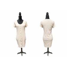 H&M Ribbed Button Front Midi Dress Beige Cream Women’s Size L Short Sleeve Women