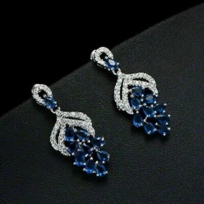 4 Ct Lab Created Pear Blue Wedding Earrings 14K White Gold Finish For Women's