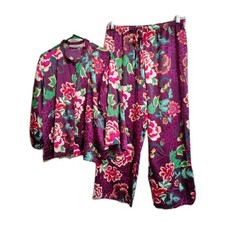 Natori Pajama 2 Piece Set Button Down Top Pants Asian Floral Colorful M Medium