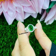 Oval Cut Emerald Ring 925 Sterling Silver Gift For Her Halo Engagement Ring.