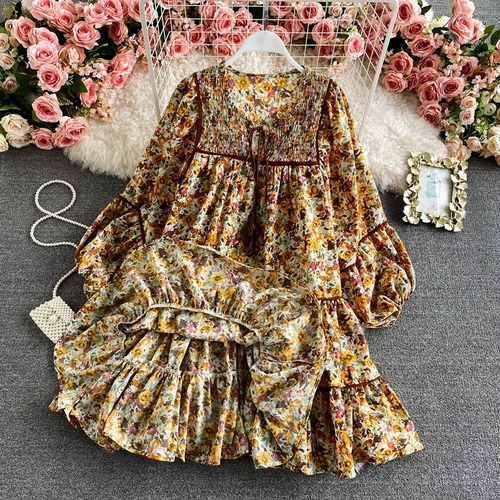 Lady Boho Floral Mini Dress Long Sleeve Loose Cottagecore Hippie Gypsy Swing - Picture 6 of 13