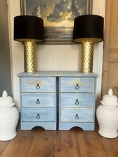 Pair Of Vintage Pine Painted Blue And Gold Bedside Tables , Pine  side cabinets 
