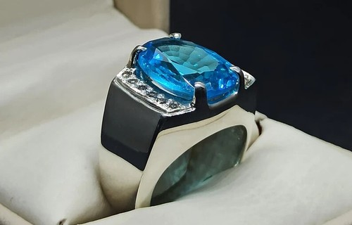 Sparkling Solitaire 11.88TCW Blue Topaz & White Sapphire With 935 Silver Ring - Picture 2 of 11