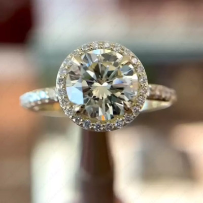 3.10Ctw Round Brilliant Moissanite Halo Engagement Ring in 14K White Gold Plated