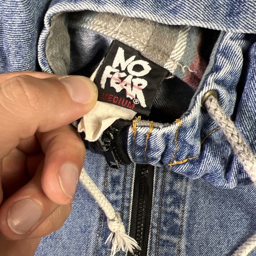 No Fear Blue Denim Hooded Anorak Jacket Dangerous Sports Gear Y2K Men’s Medium - Picture 11 of 17