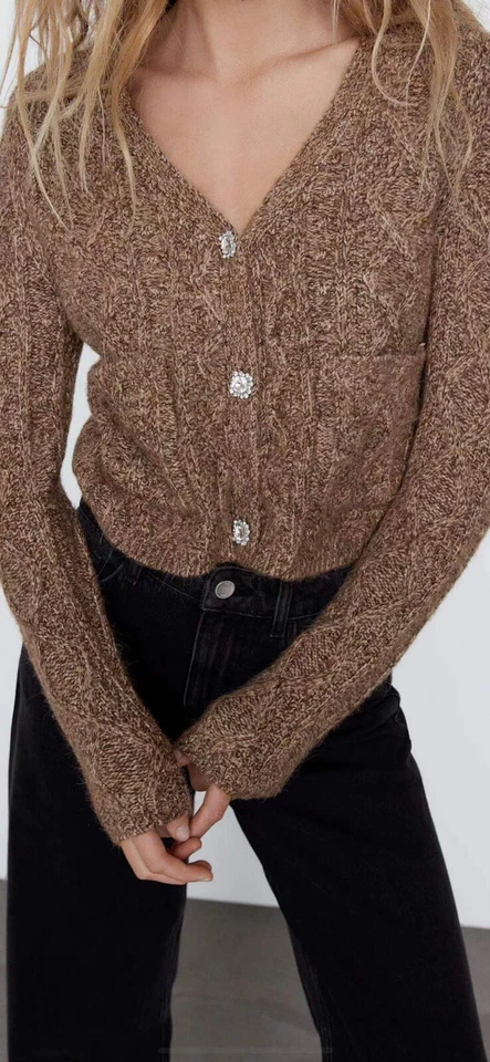 Cárdigan corto tejido marrón 100 % auténtico ZARA con botones de cristal talla: S
