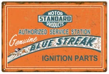 Vintage Style Metal Sign Orange Colored Blue Streak Ignition Parts 12 x18