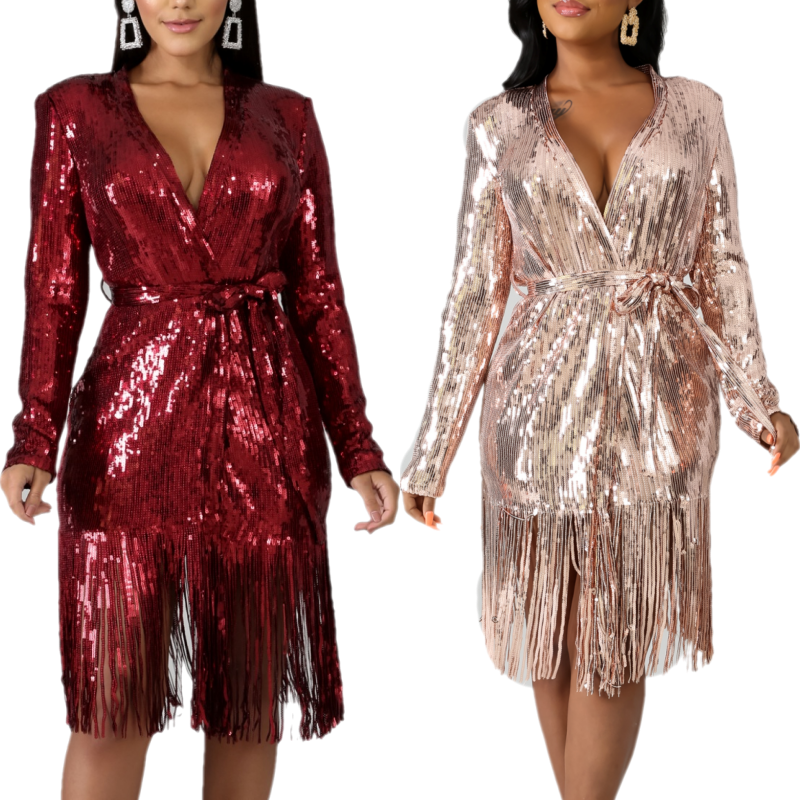 Elegant Sequin Shimmer Fringed Evening Glitter Long Sleeves Dress eBay