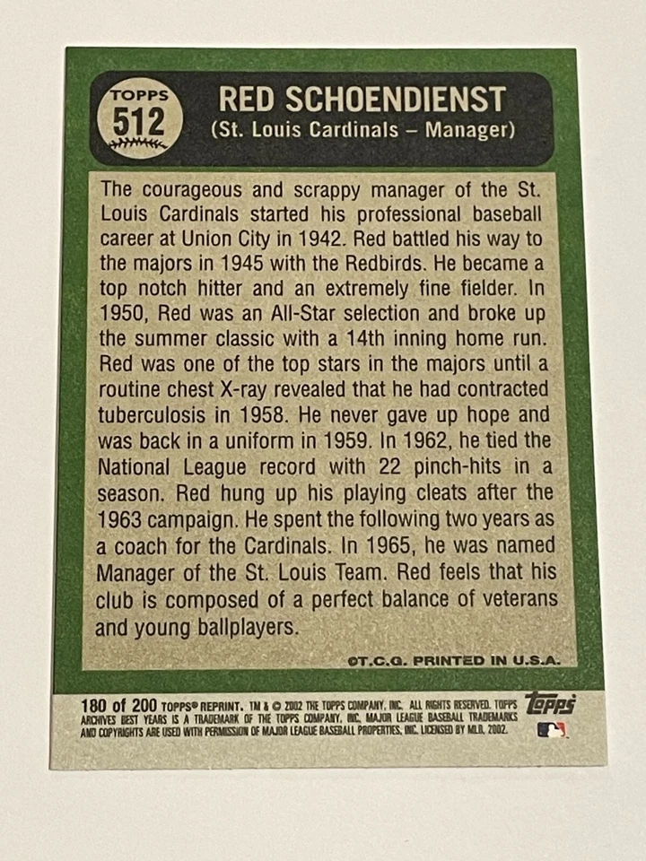 2002 Topps Archives Baseball #180 - Red Schoendienst MGR - St. Louis Cardinals - Image 2 of 2