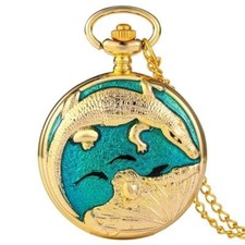 Luxury Golden Crocodile Cover Men Women Quartz Analog Pocket Watch 80CM Chain