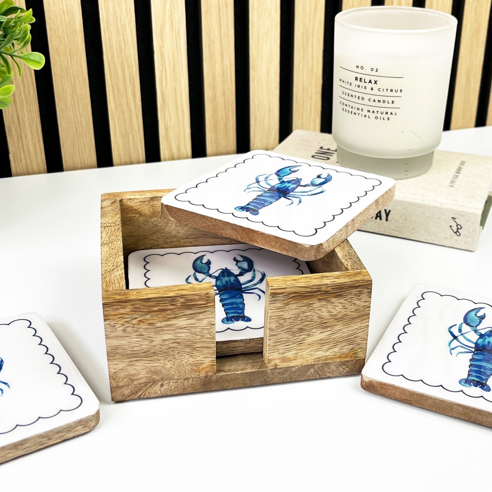 Coaster set with Holder Nautical Lobster Drinks Glass on Table Coastal Beach