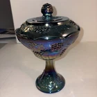 Blue Carnival Glass Harvest Grapes Iridescent Compote Bowl Pedestal With Lid