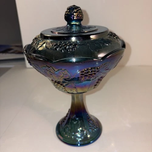 Blue Carnival Glass Harvest Grapes Iridescent Compote Bowl Pedestal With Lid