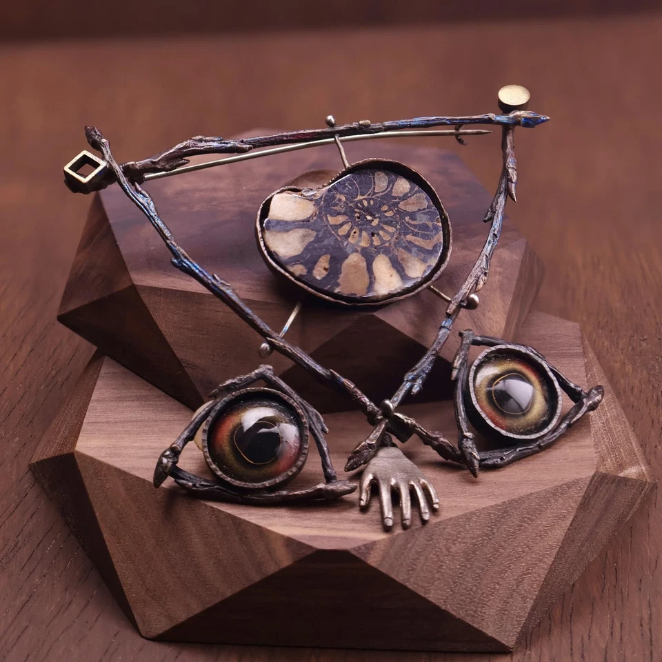 Broche y Pendientes De Colección Raro Artesano ÚNICO Enid Kaplan Bruja Pagano Mal de Ojo Foto 3 de 4