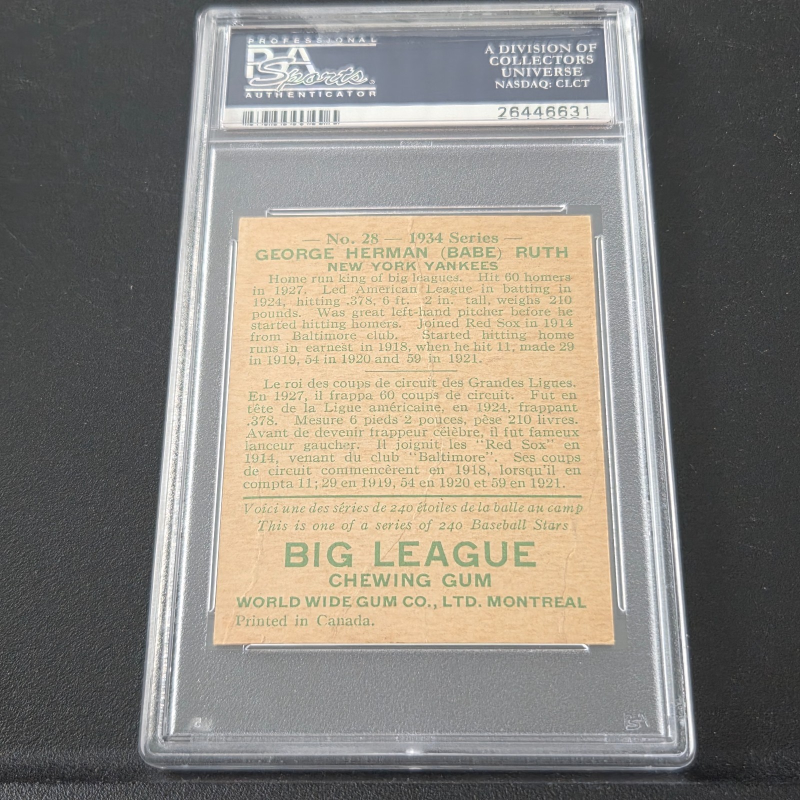 1934 World Wide Gum Babe Ruth #28 PSA Authentic Altered view 2