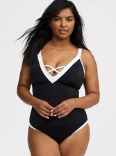 Torrid 3X Wire-Free Strappy Cheeky One Piece Swimsuit Deep Black Cloud Dancer