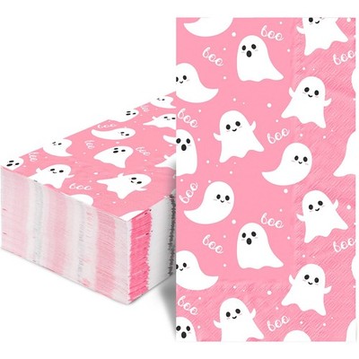 50Pcs Pink Ghost Boo Ghost Guest Napkins Halloween Cute Cartoon Disposable Di...
