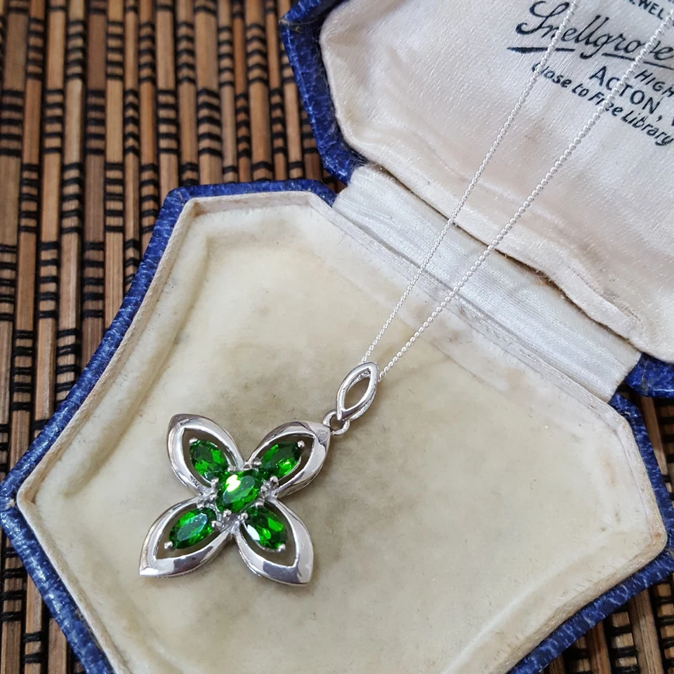 925 Пробы ожерелье, подлинный зеленый диопсид подвеска, цветочный кулон - Изображение 2 из 4