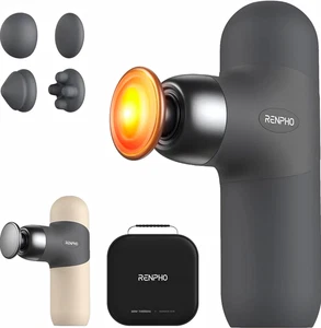 RENPHO Mini Thermal Heated Percussion Massage Gun USB, 4 Heads, Gray/Beige