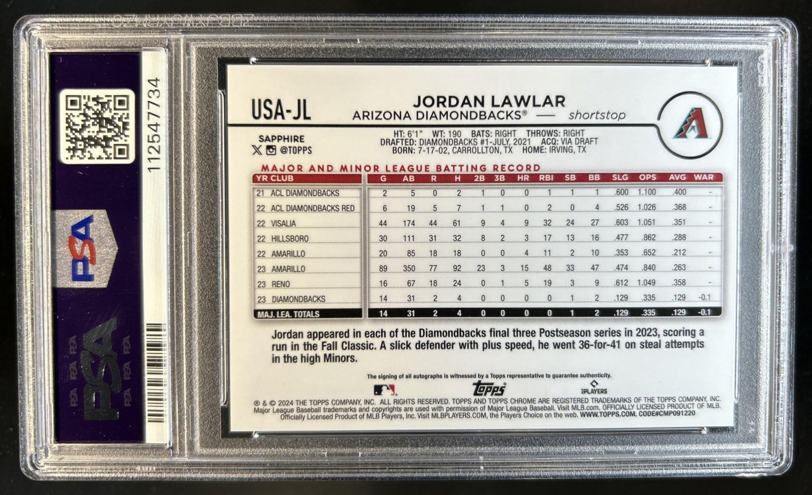 2024 Topps Chrome Update Sapphire Jordan Lawlar Auto RC Rookie #/199 PSA 10 view 2