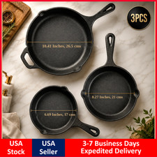 3 Cast Iron Skillet Pre Seasoned 6.5" 8.5" 11" Stove Oven Fry Pans Cookware Set