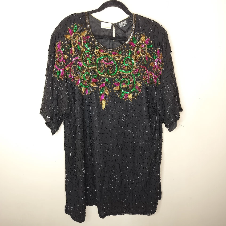 Blusa Top Formal Vintage Roamans Lentejuelas de Seda + Cuentas 3X Plus Mujer Túnica Foto 2 de 4