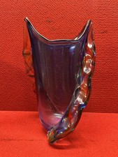 Used 17"T Magnificent Murano Style Glass Blown Blue Vase Wave Sides Good Cond