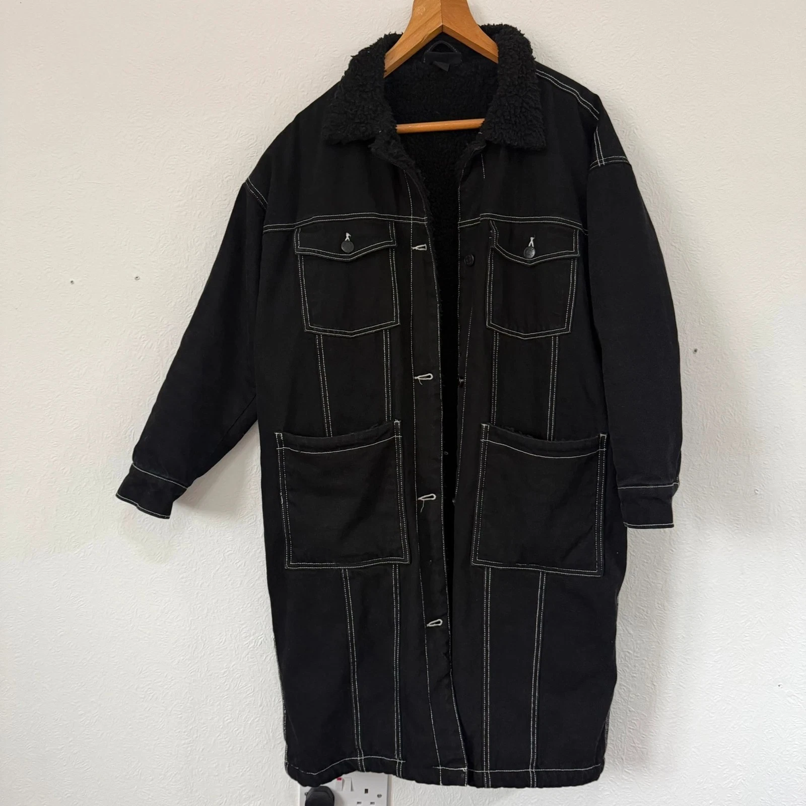Monki Longline Denim Jacket Coat Black Borg Fleece Line Medium