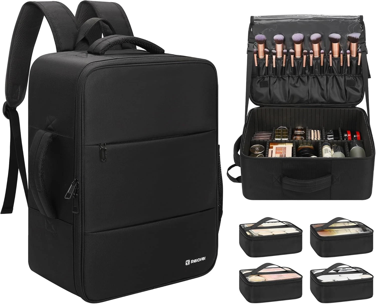 Extra Large Makeup Backpack with Clear Bags & Brush Organizer - Black